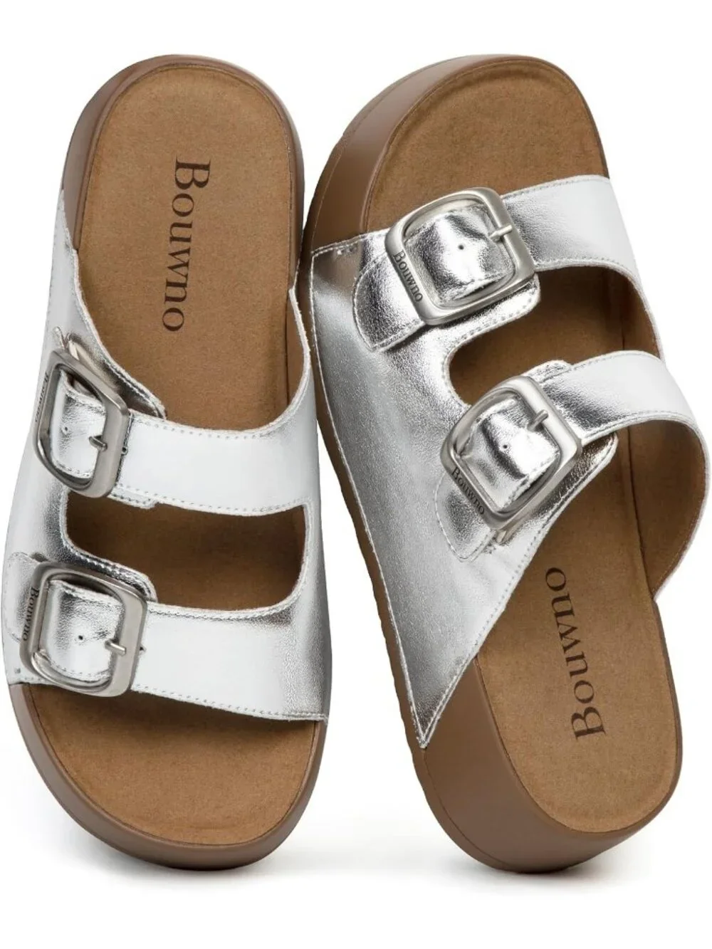 Women's Silver Genuine Leather Slip on Beach Slide Buckle Platform Sandal Shoes